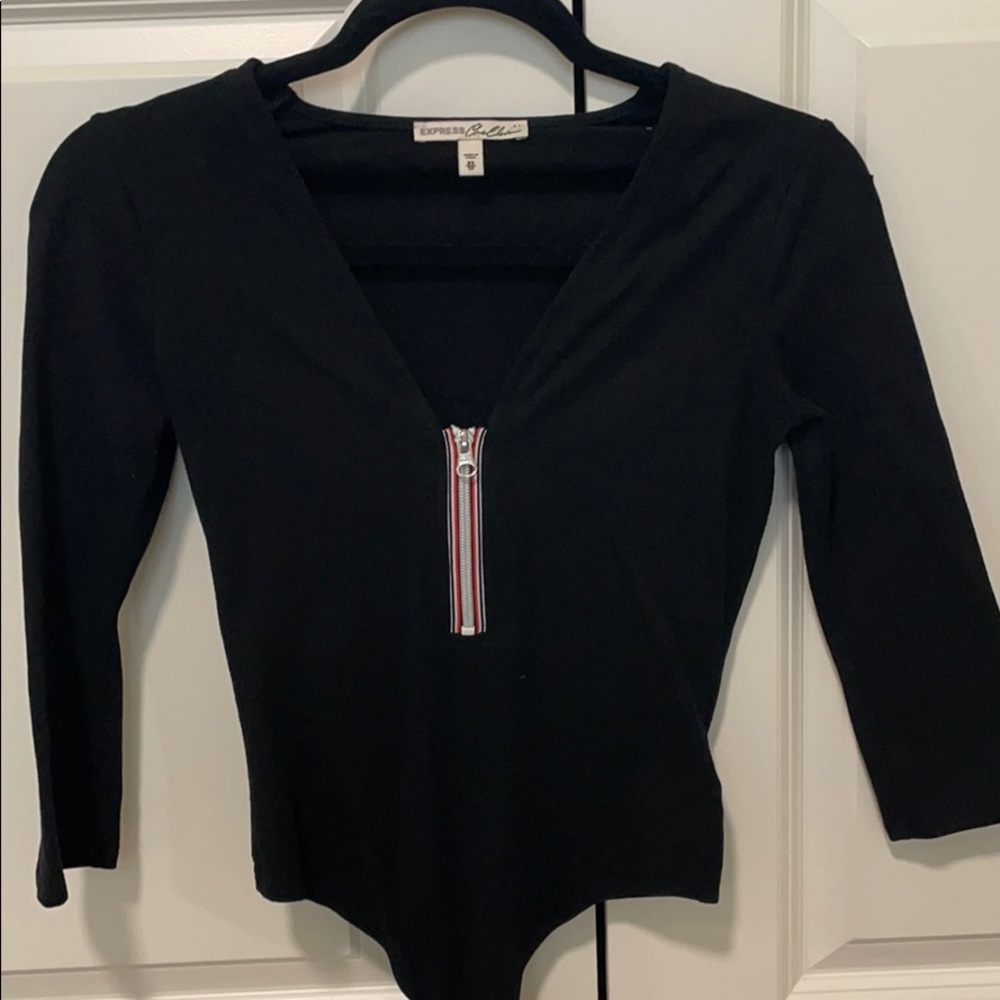 Black v-neck long sleeve bodysuit with zipper